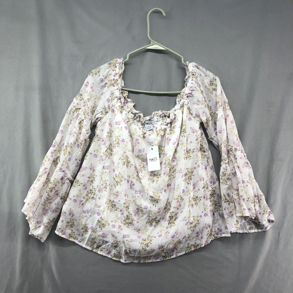 New Rue21 Long Sleeve White Purple Floral Off Shoulder Blouse Size L Women